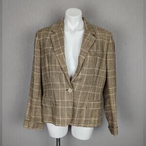 Lauren Ralph Lauren 100% Linen Glen Plaid Blazer Jacket Size 16 Brown Check